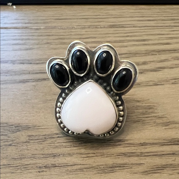 925 Sterling Silver Jewelry - Black Onyx and Pink Opal Paw Print Sterling Ring